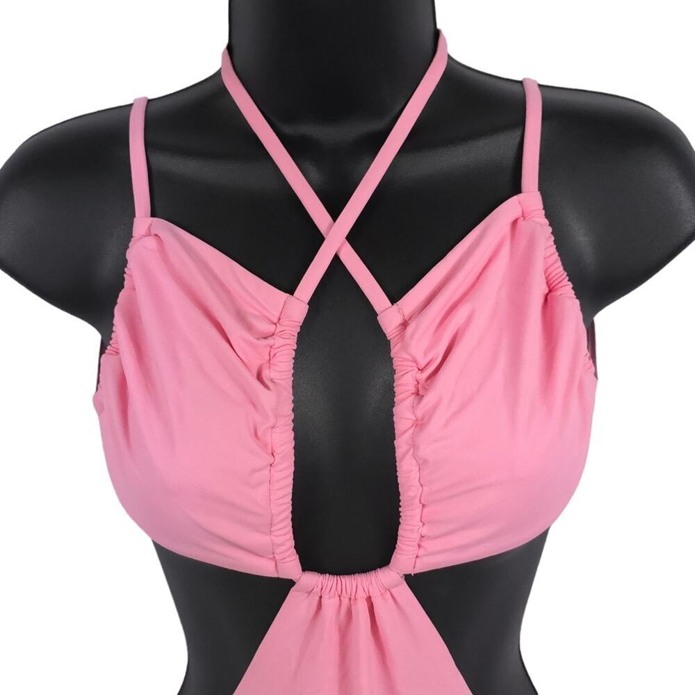 WeWoreWhat Cut Out One Piece Swimsuit Baby Pink Halter Runched Cup Tie - Picture 4 of 16